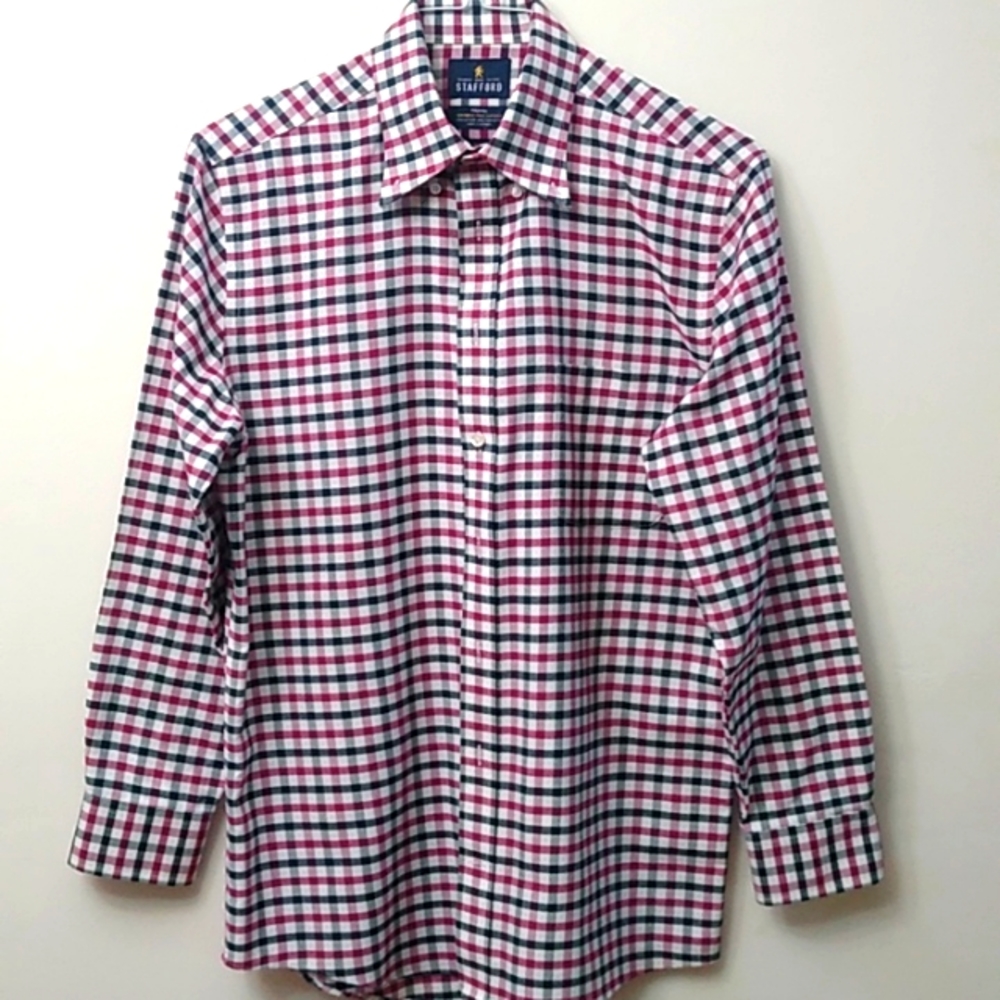 Stafford Travel Wrinkle-free Gingham Oxford, Red/Black, 15-1/2 / 32-33